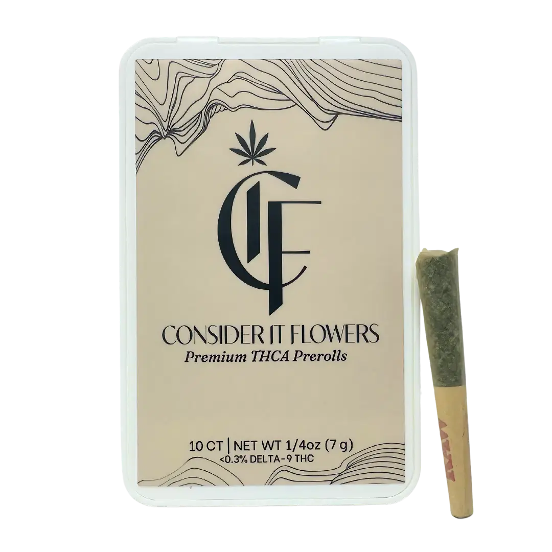 Box of 10 THCA prerolls, each with .7g of Premium THCA flower. Delivered in 90 min by Consider It Flowers.