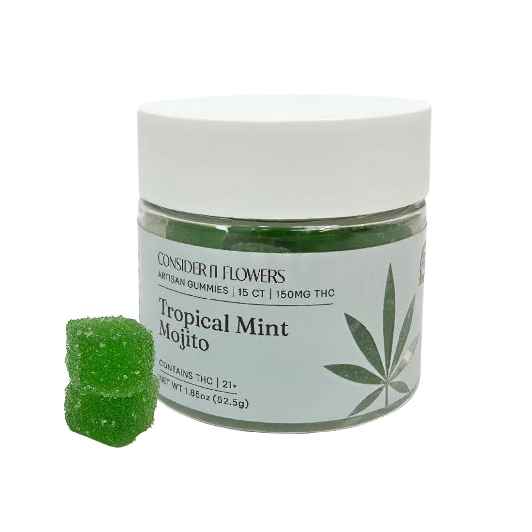 Artisan Tropical Mint Mojito Gummies: small-batch, cocktail-inspired, vegan, gluten-free. Fresh mint, citrus flavors with Tropicana Cookies terpenes.